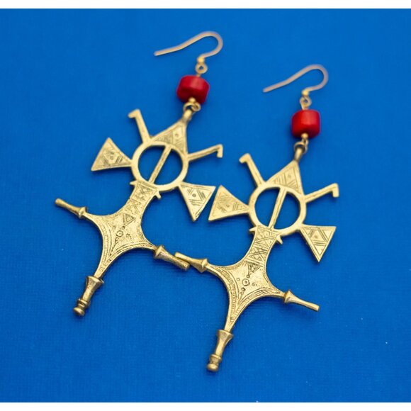 Vintage Gold Tone Cross Geometric Earrings, Avant Dangle Earrings - D15 - Picture 1 of 2